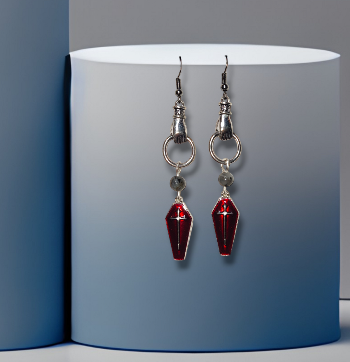 handmade coffin crystal earrings with larvikite for halloween jewelry