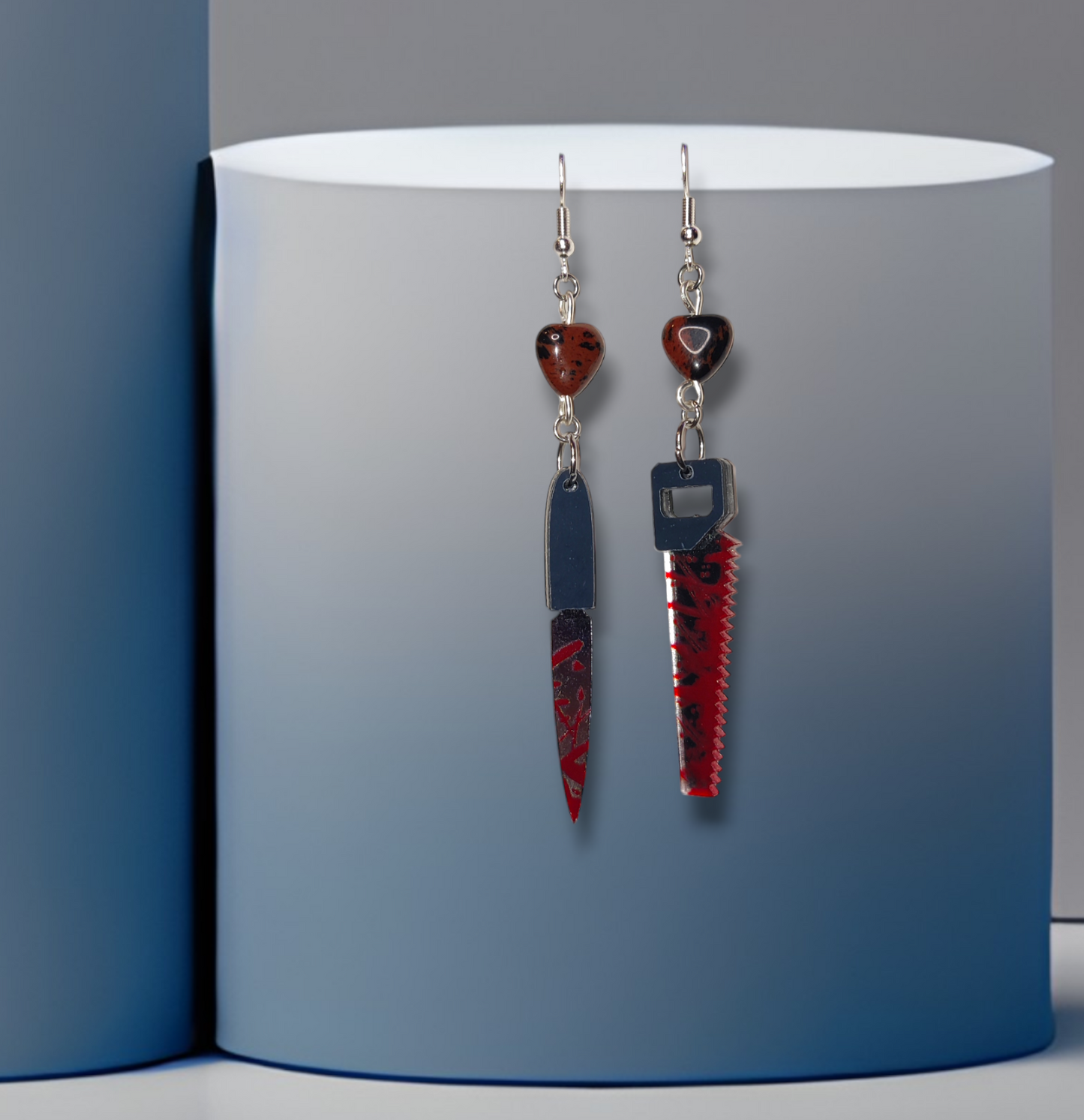 handmade crystal weapon earrings with mahogany obsidian for halloween jewelry