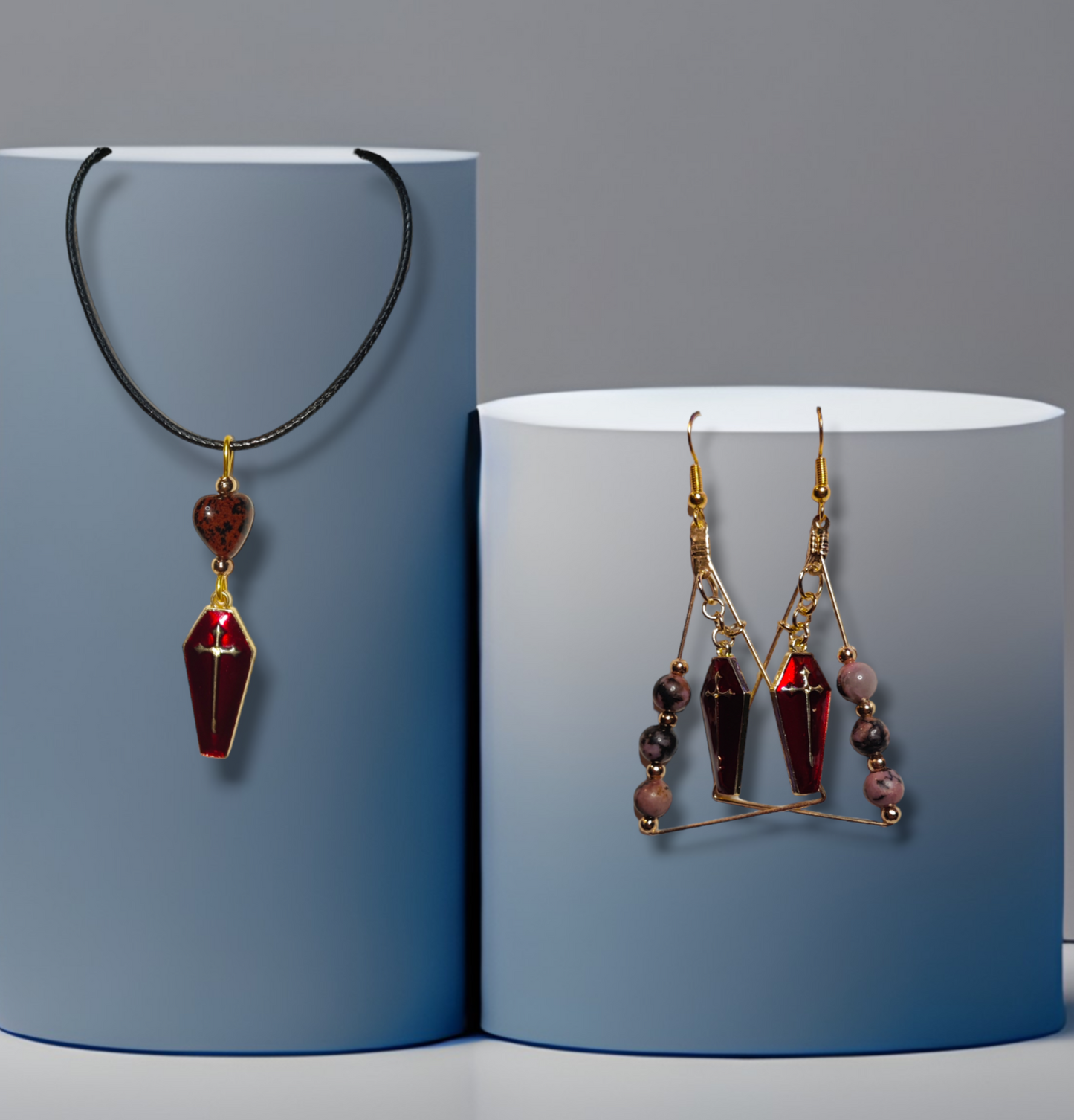 crystal handmade rhodonite earrings and Mahogany obsidian with coffins for halloween