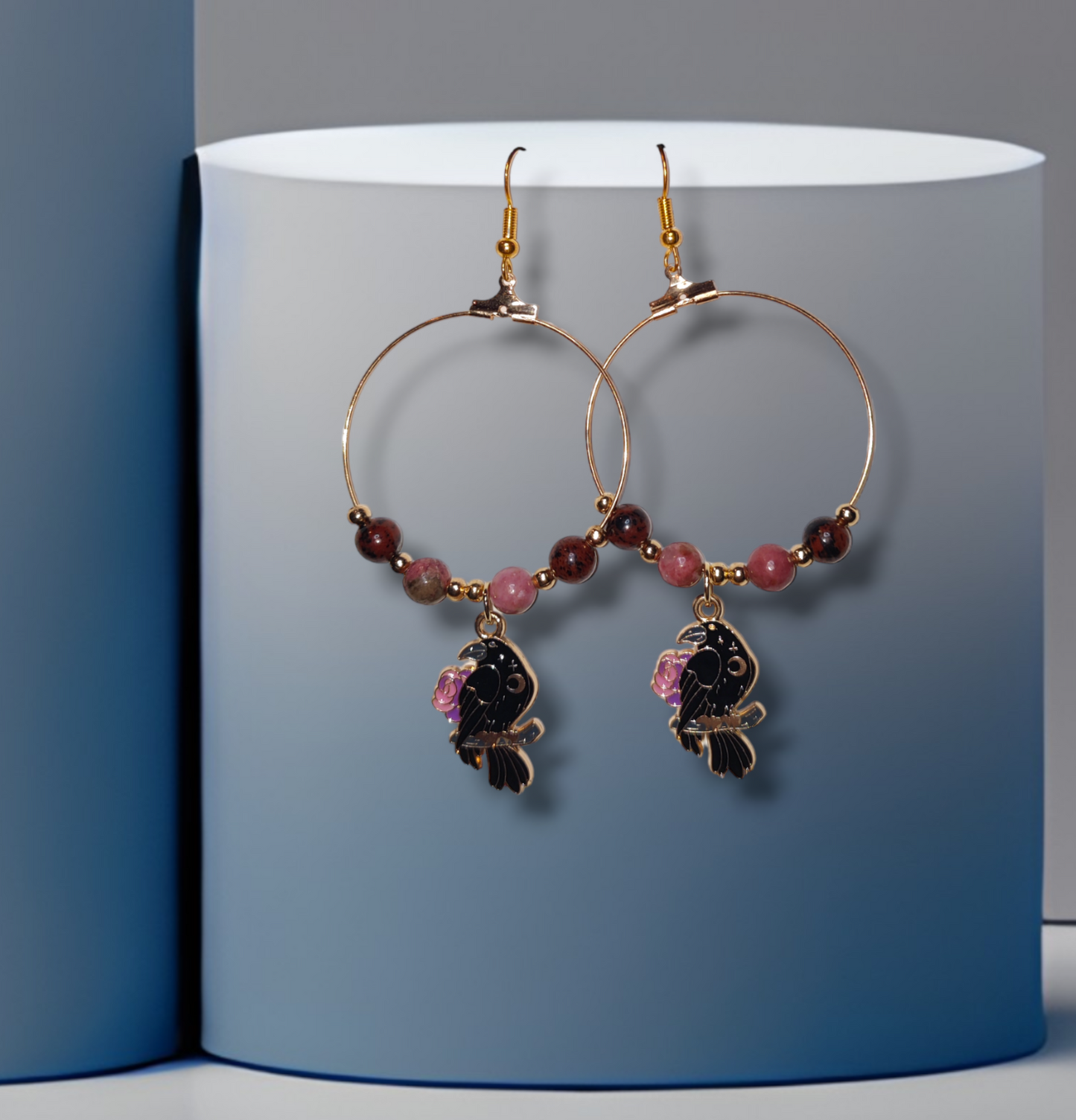 crow handmade crystal earrings with rhodonite and mahogany obsidian jewelry for halloween