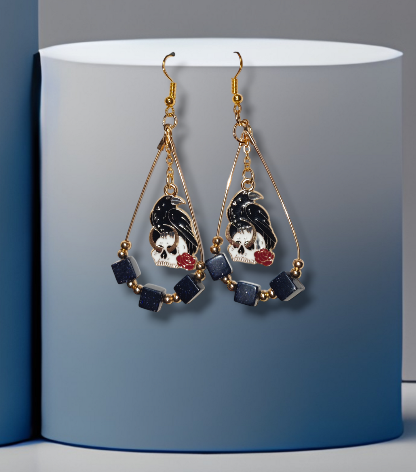 Crystal blue sandstone earrings with crows and skulls for Halloween