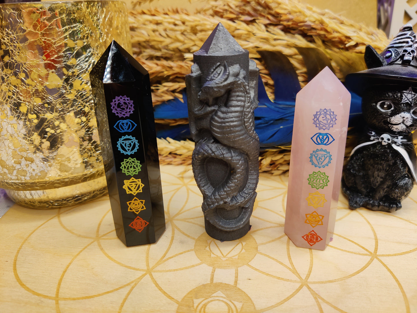 shungite obsidian rose quartz crystal carved tower shape gemstone