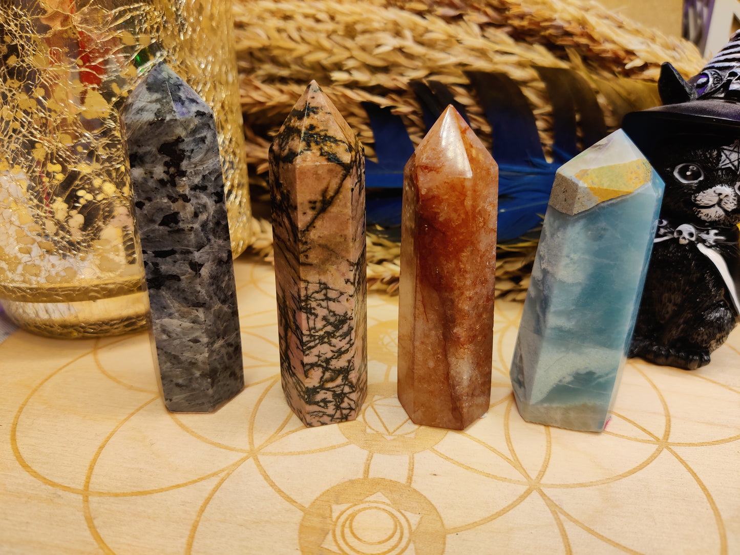 larvikite rhodonite fire quartz caribbean calcite crystal carving towers