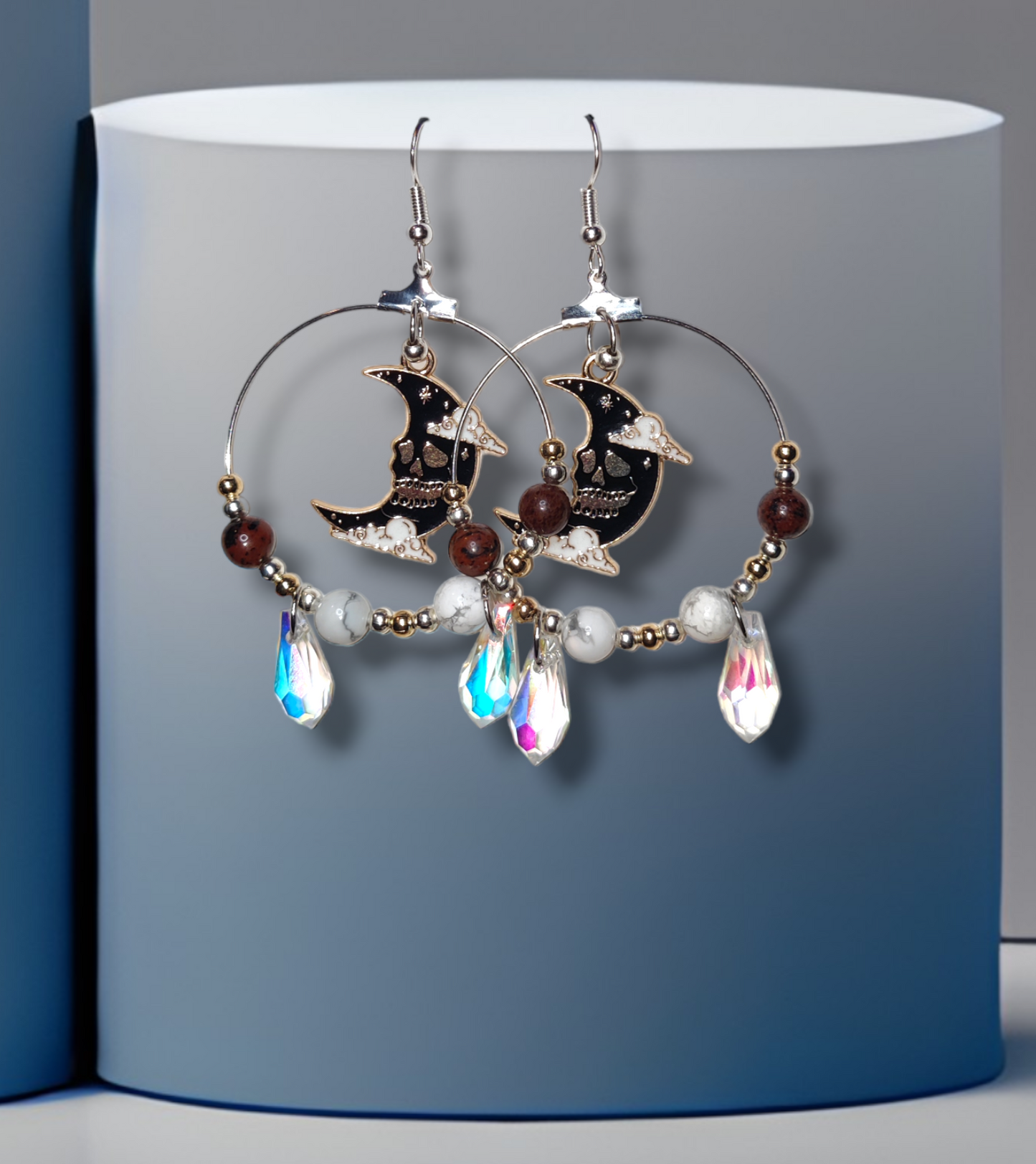 handmade moon crystal earrings with mahogany obsidian and howlite for halloween jewelry