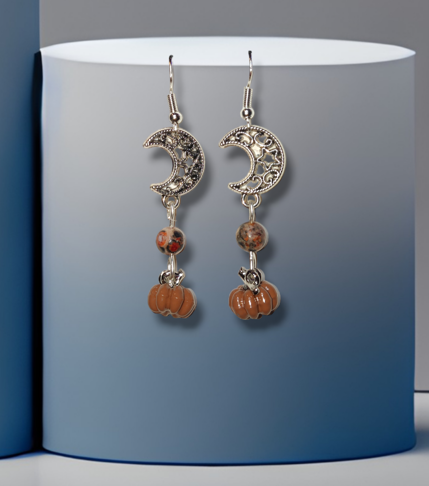 handmade crystal moon and pumpkin earrings with leopard skin jasper for fall
