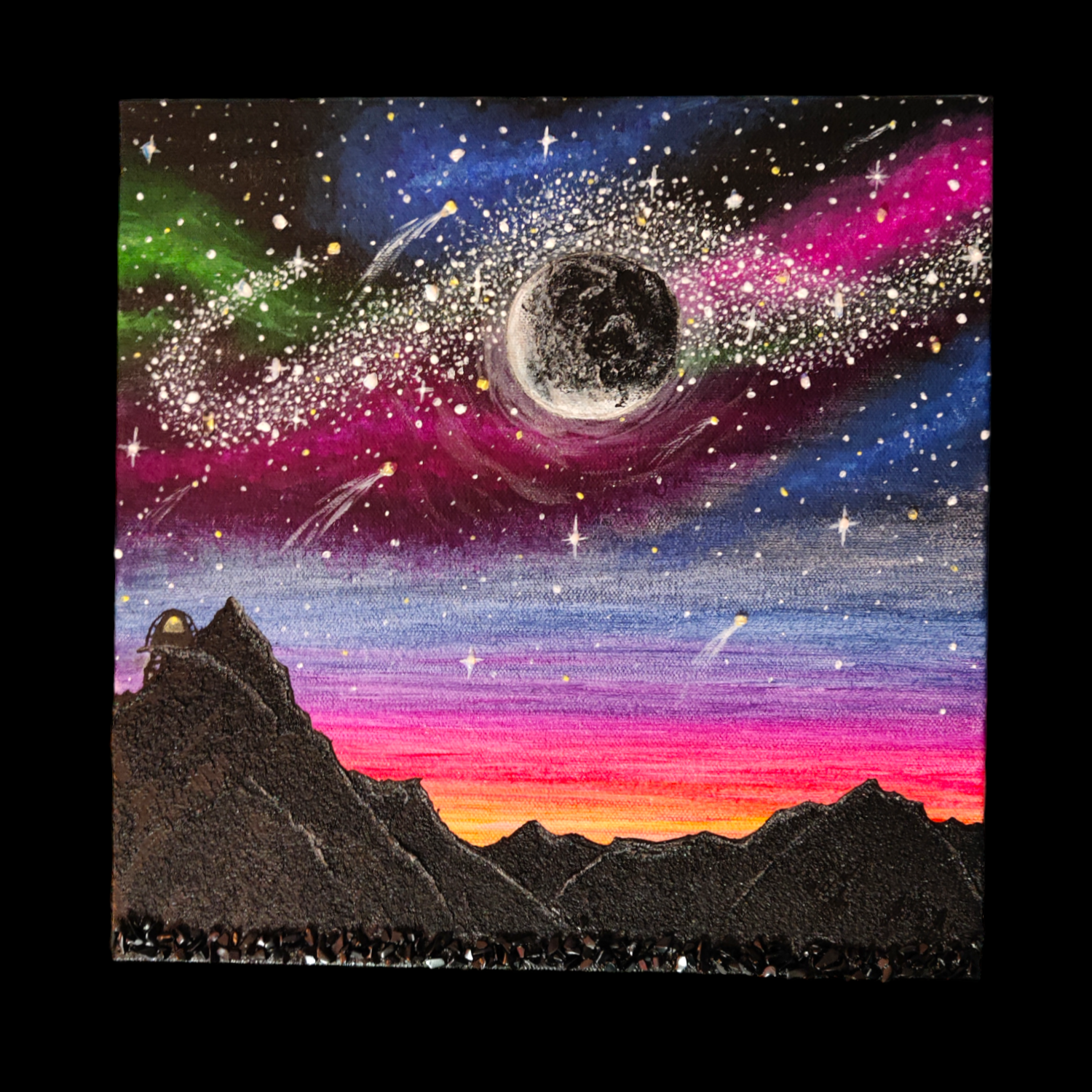 close up hand painted art on canvas of galaxy cosmic starry sky and mountain scape