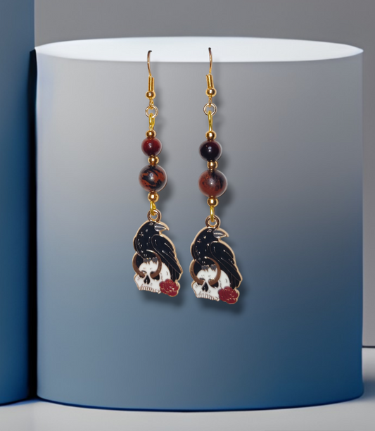 Handmade crystal earrings with crow and skull mahogany obsidian and red tigers eye for halloween jewelry 