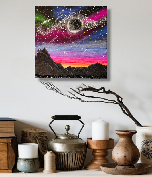 hanging hand painted art on canvas of galaxy cosmic starry sky and mountain scape