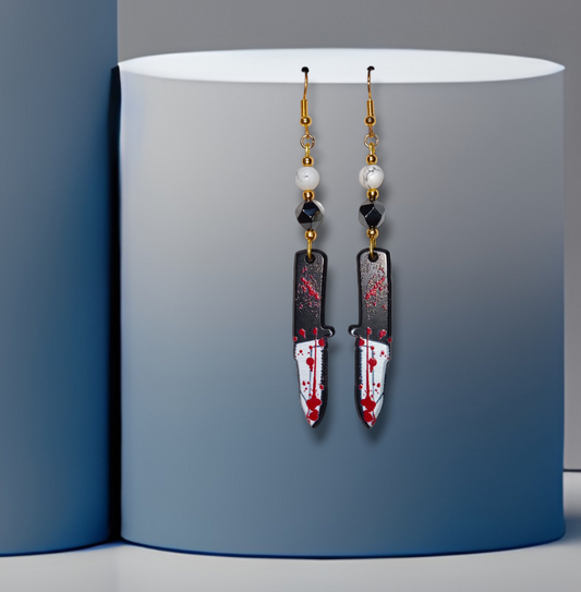 handmade knife earrings witgh howlite and hematite for halloween jewelry