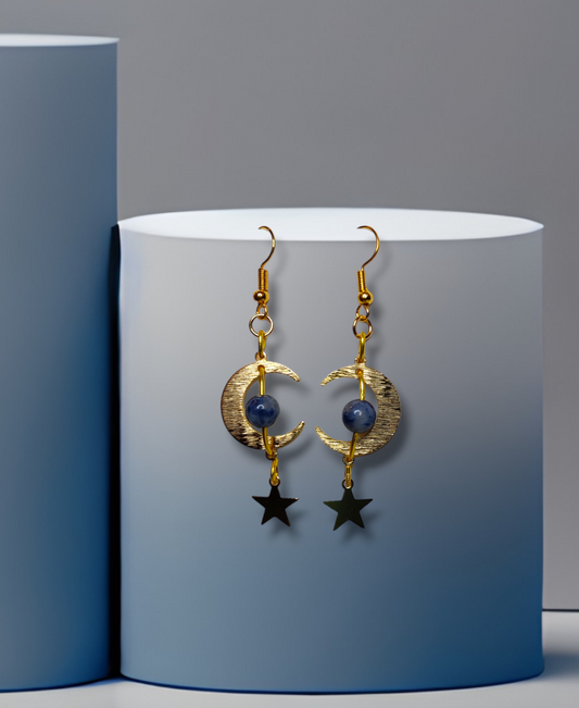 Gold Moon and star Blue Spot Jasper Earrings