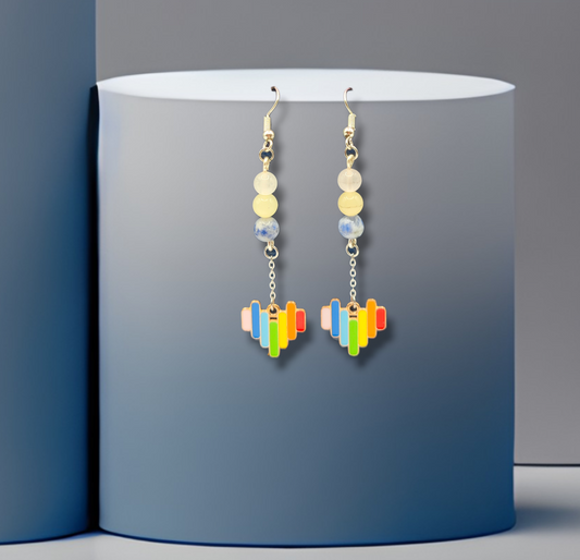 pansexual pride heart handmade crystal earrings jewelry pineapple calcite rose quartz and blue spot jasper