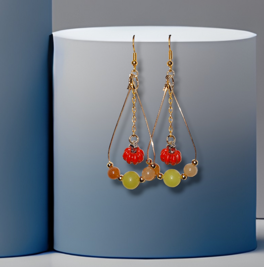 handmade teardrop crystal earrings with pumpkins and carnelian and lemon jade for fall jewelry