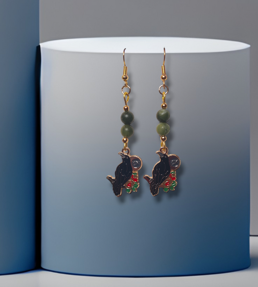 Crystal jade handmade earrings with crows for halloween