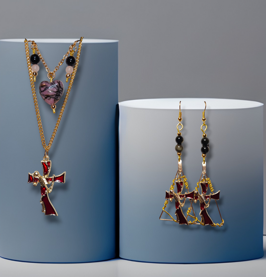 Skeleton cross crystal handmade earrings with golden obsidian, rhodonite, rose quartz, obsidian for halloween