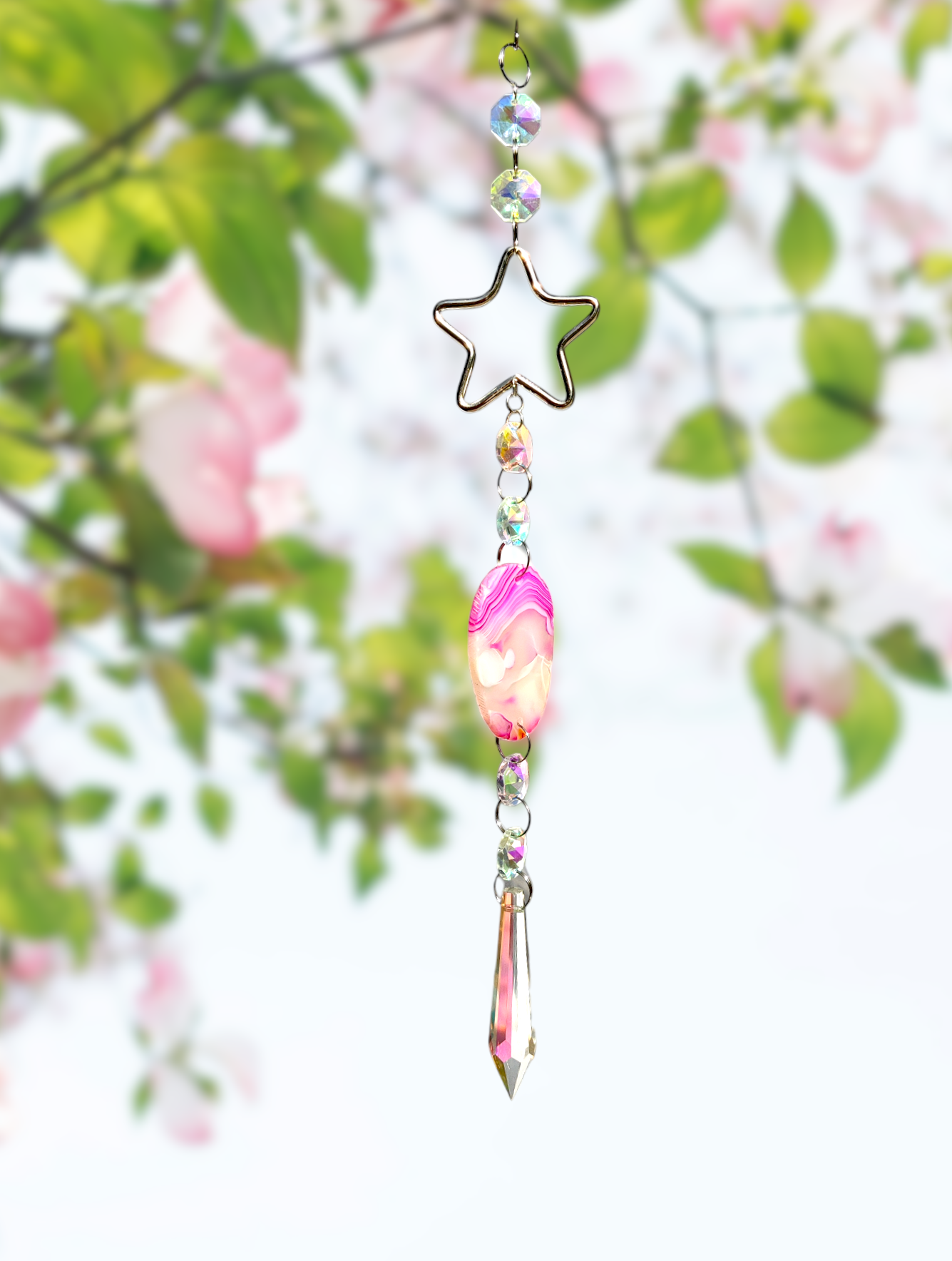 handmade pink agate sun borealis suncatcher