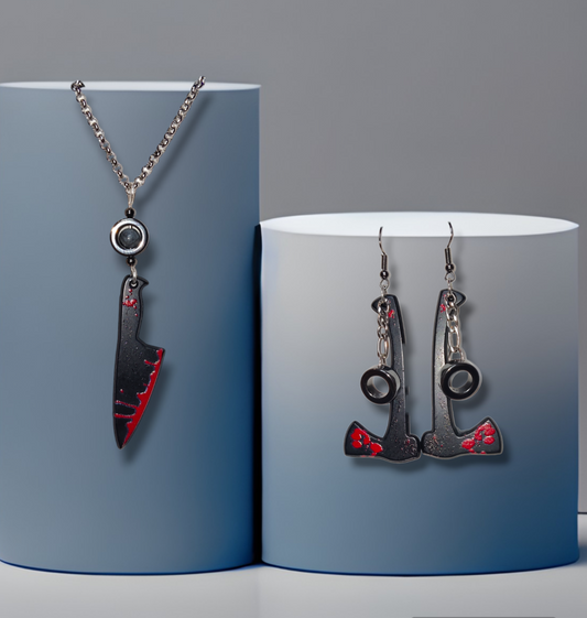 handmade weapon crystal necklace and earrings with hematite and larvikite for halloween jewelry