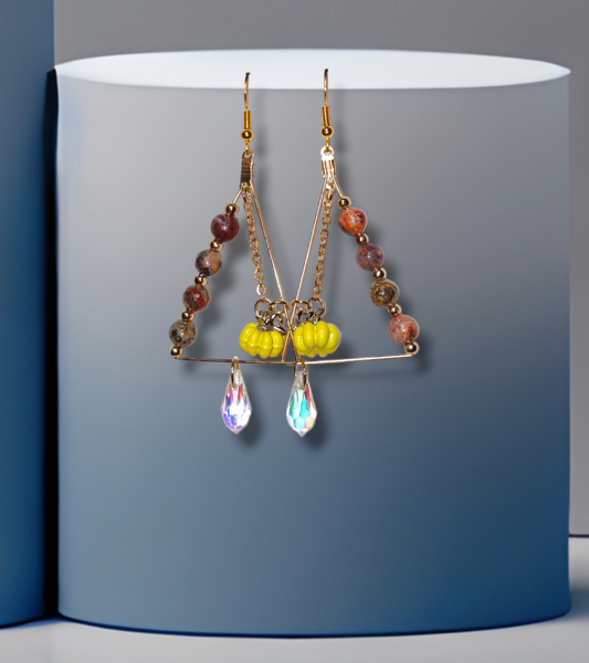 handmade crystal pumpkin earrings with leopard print jasper  for fall jewelry
